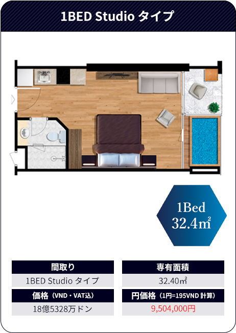 1BED Studio タイプ（間取り：1BED Studio タイプ、専有面積：32.40㎡、価格（VND・VAT込）：18億5328万ドン、円価格（1円=205VND 計算）：9,040,390円）